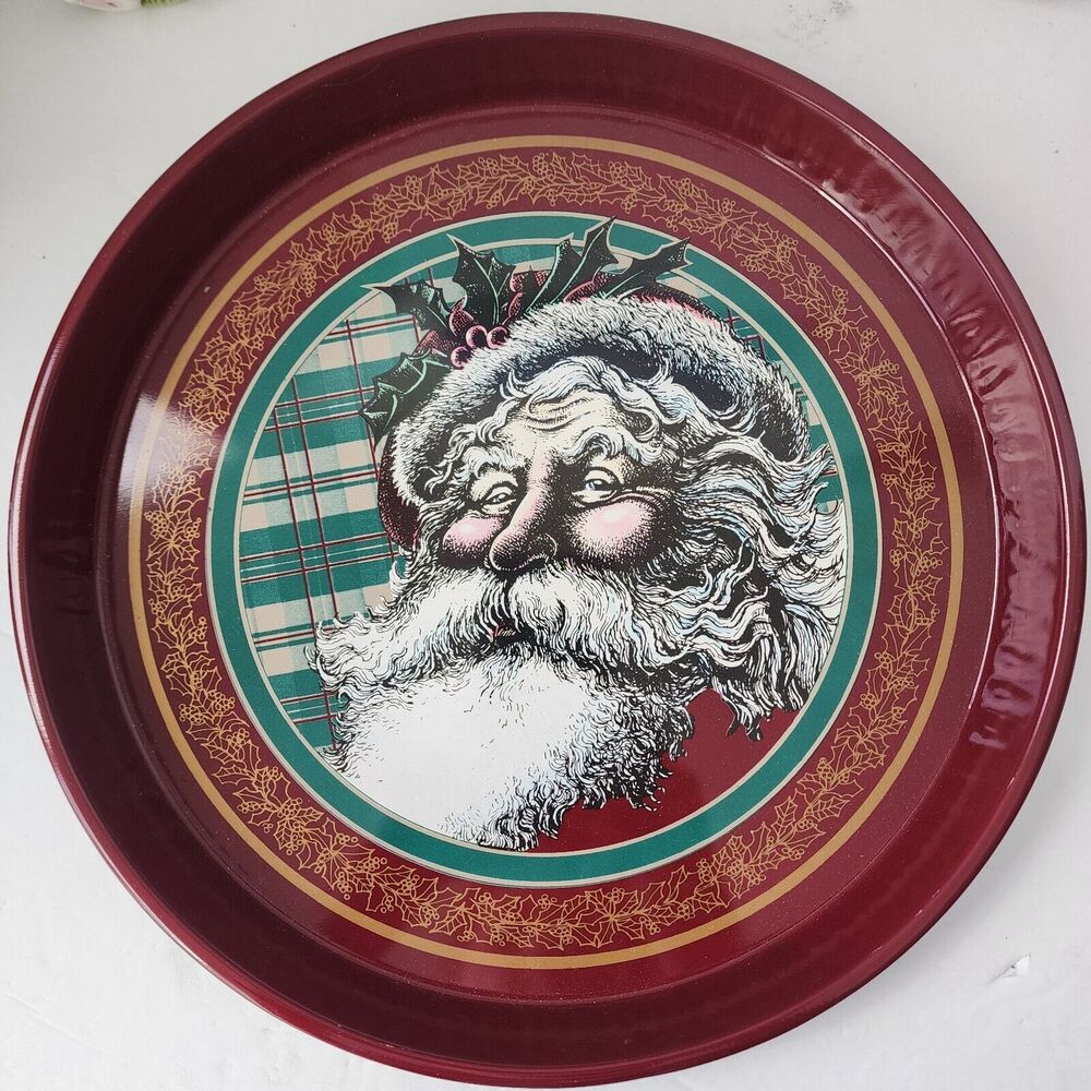 Nobel Hall Santa Claus Face Tin Tray 11.75" Christmas Holiday Multicolor Vintage